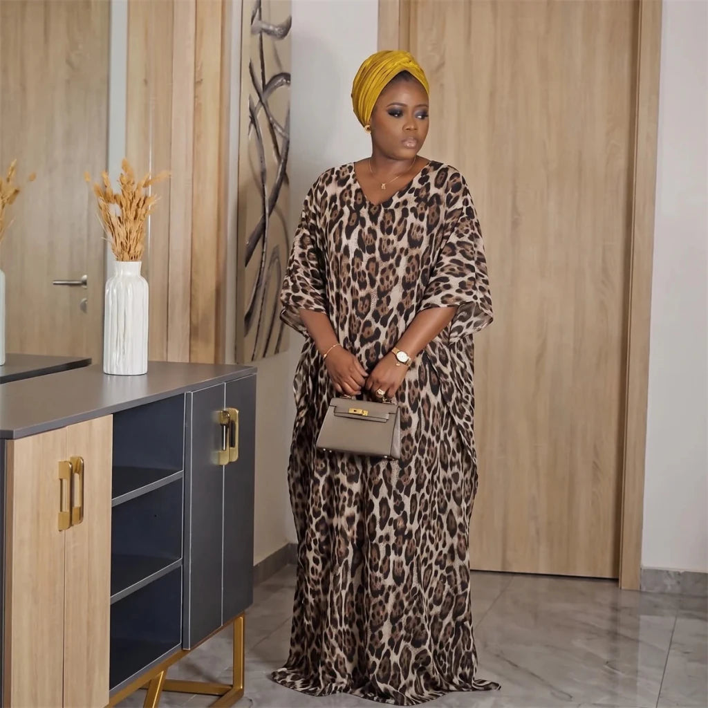 Women’s Leopard Print Satin Kaftan 2PC Set – Loose Maxi Dress & Matching Skirt Abaya Outfit - Free Delivery Worldwide only at Flexi Africa