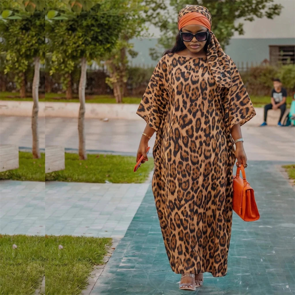 Women’s Leopard Print Satin Kaftan 2PC Set – Loose Maxi Dress & Matching Skirt Abaya Outfit - Free Delivery Worldwide only at Flexi Africa