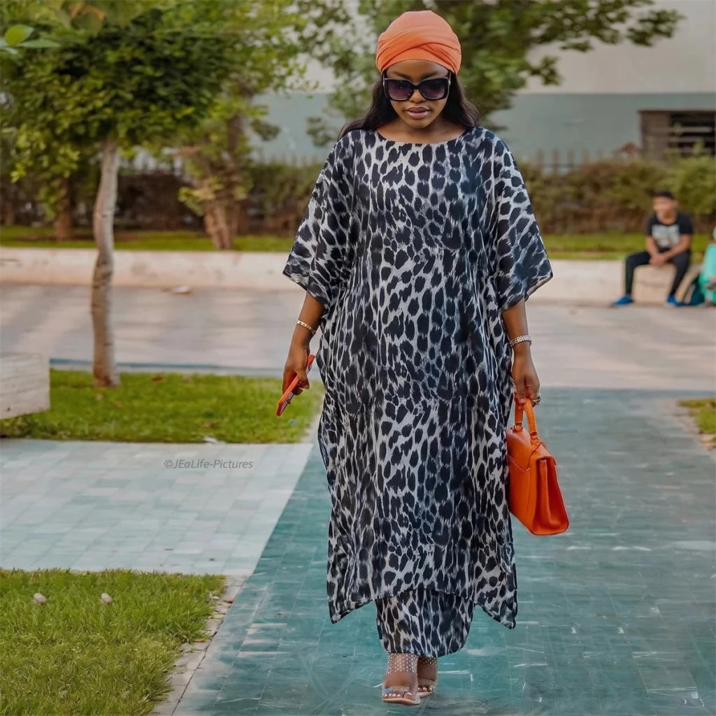 Women’s Leopard Print Satin Kaftan 2PC Set – Loose Maxi Dress & Matching Skirt Abaya Outfit - Free Delivery Worldwide only at Flexi Africa
