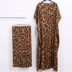 Women’s Leopard Print Satin Kaftan 2PC Set – Loose Maxi Dress & Matching Skirt Abaya Outfit - Free Delivery Worldwide only at Flexi Africa