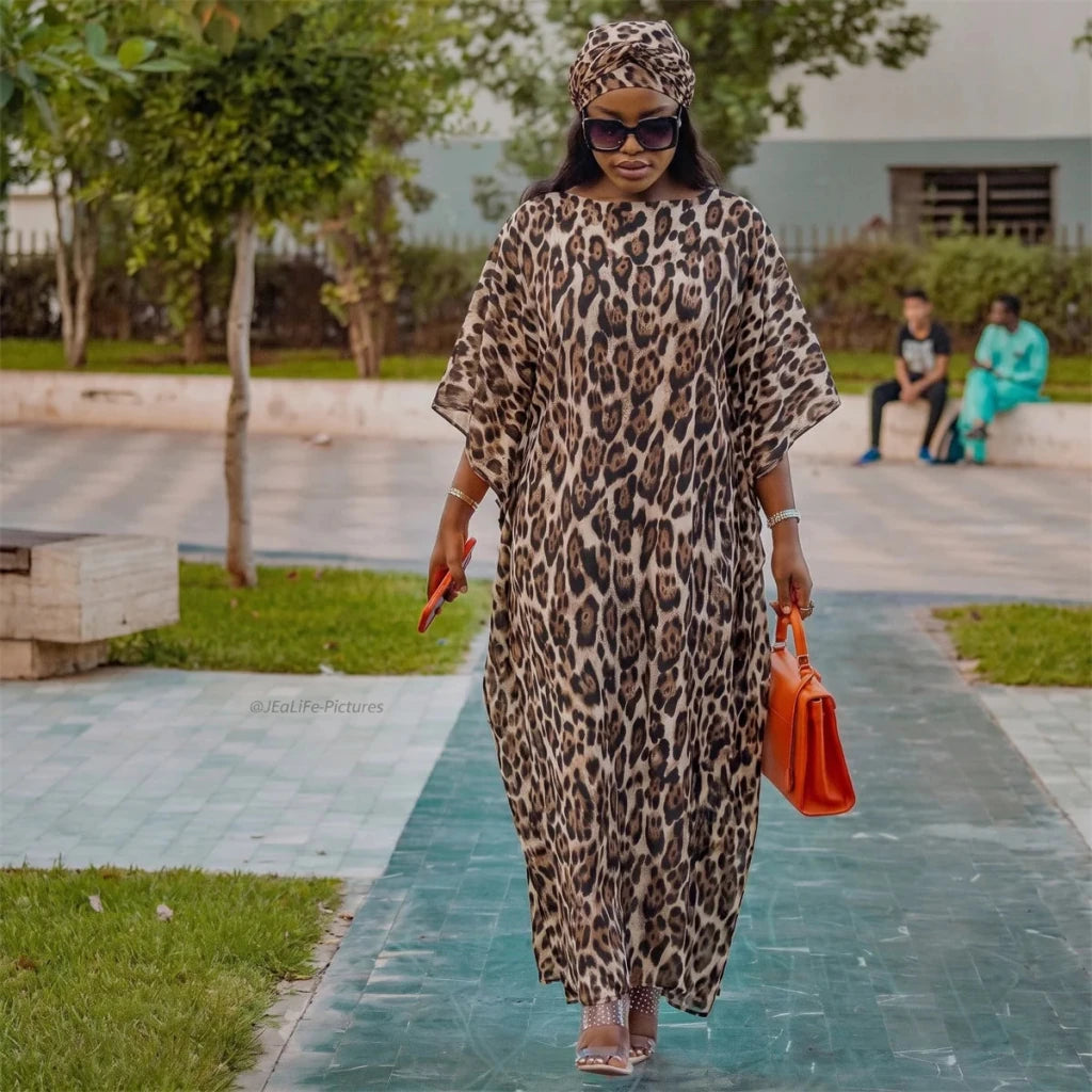 Women’s Leopard Print Satin Kaftan 2PC Set – Loose Maxi Dress & Matching Skirt Abaya Outfit - Free Delivery Worldwide only at Flexi Africa