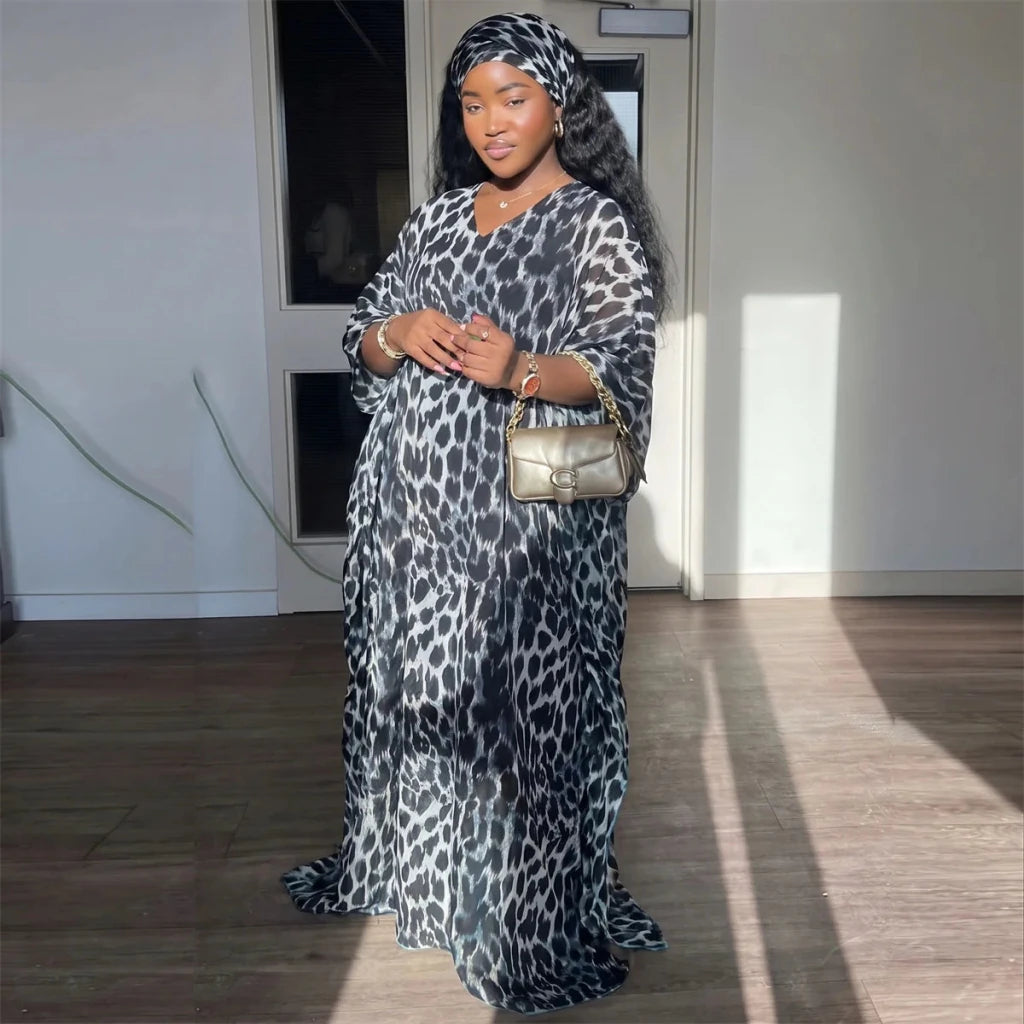 Women’s Leopard Print Satin Kaftan 2PC Set – Loose Maxi Dress & Matching Skirt Abaya Outfit - Free Delivery Worldwide only at Flexi Africa