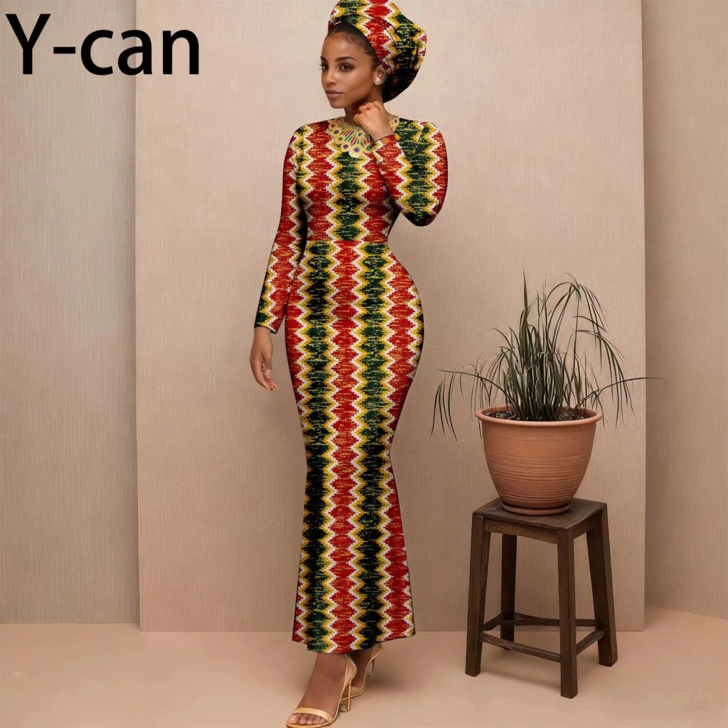 Women's Long-Sleeve Ankara Dress & Headscarf - Free Delivery Worldwide only at Flexi Africa
