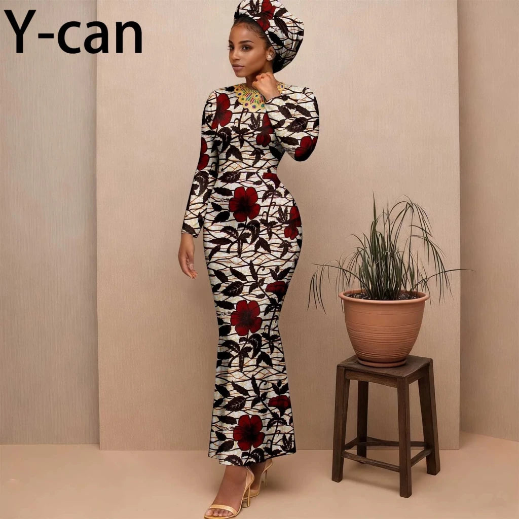 Women's Long-Sleeve Ankara Dress & Headscarf - Free Delivery Worldwide only at Flexi Africa