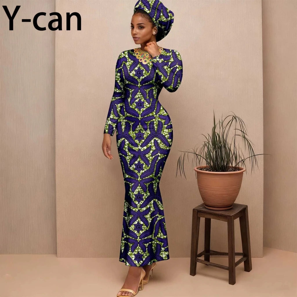 Women's Long-Sleeve Ankara Dress & Headscarf - Free Delivery Worldwide only at Flexi Africa