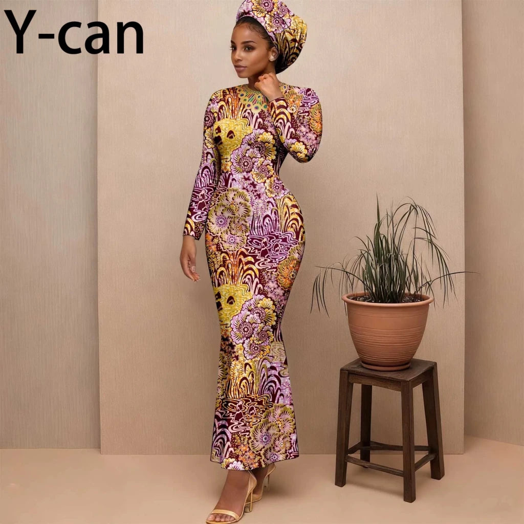 Women's Long-Sleeve Ankara Dress & Headscarf - Free Delivery Worldwide only at Flexi Africa