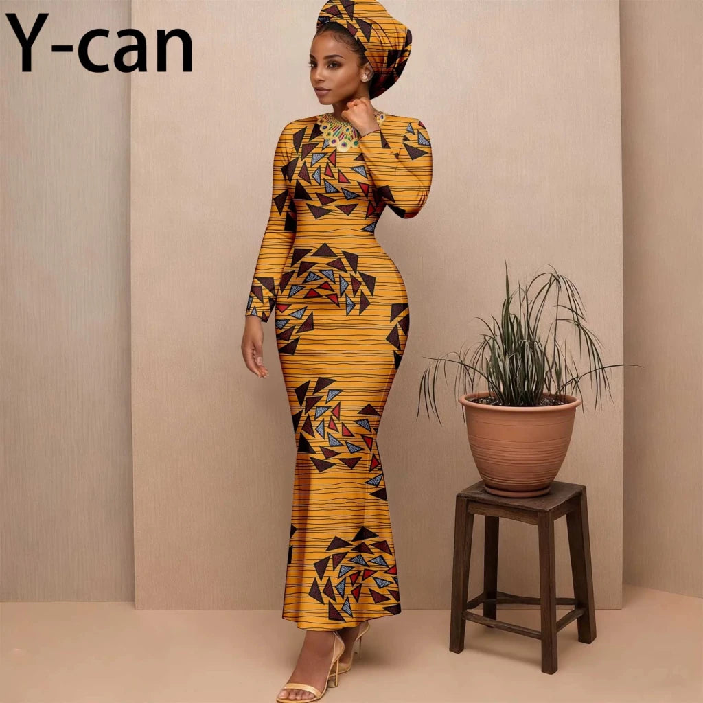 Women's Long-Sleeve Ankara Dress & Headscarf - Free Delivery Worldwide only at Flexi Africa