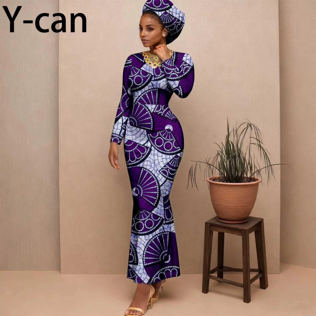 Women's Long-Sleeve Ankara Dress & Headscarf - Free Delivery Worldwide only at Flexi Africa