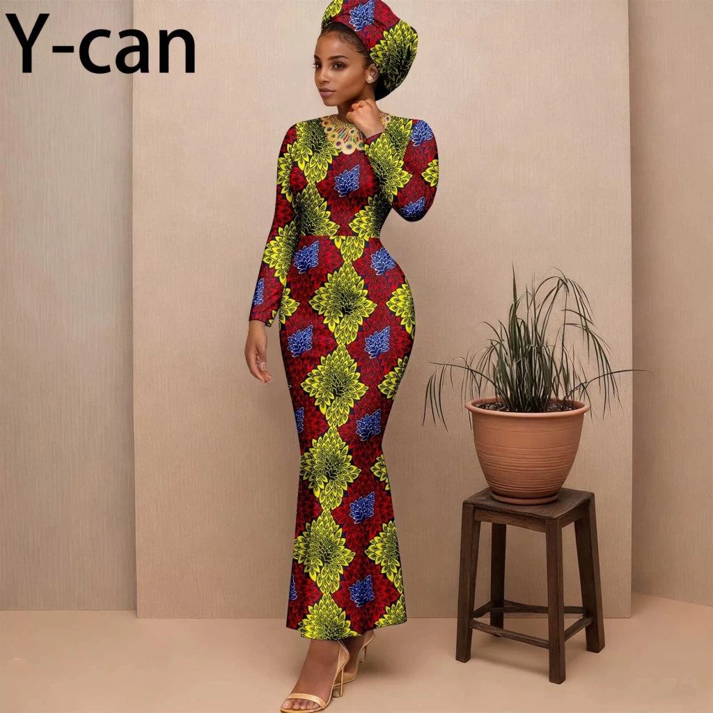 Women's Long-Sleeve Ankara Dress & Headscarf - Free Delivery Worldwide only at Flexi Africa