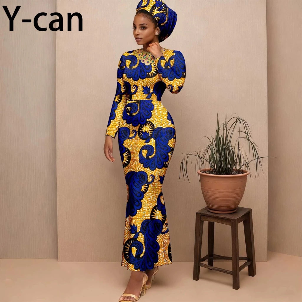 Women's Long-Sleeve Ankara Dress & Headscarf - Free Delivery Worldwide only at Flexi Africa