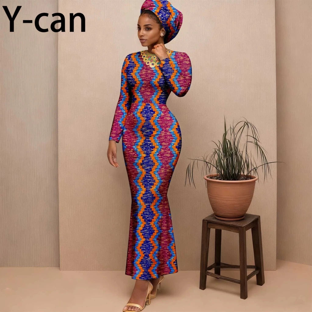 Women's Long-Sleeve Ankara Dress & Headscarf - Free Delivery Worldwide only at Flexi Africa