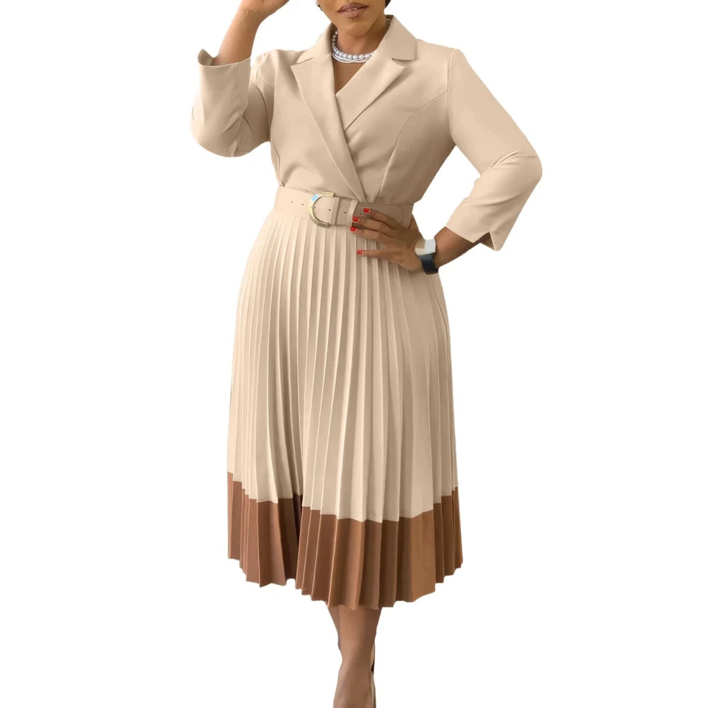 Women’s Long Sleeve Notched Neck Pleated Midi Dress with High Waist Belt - Free Delivery Worldwide only at Flexi Africa