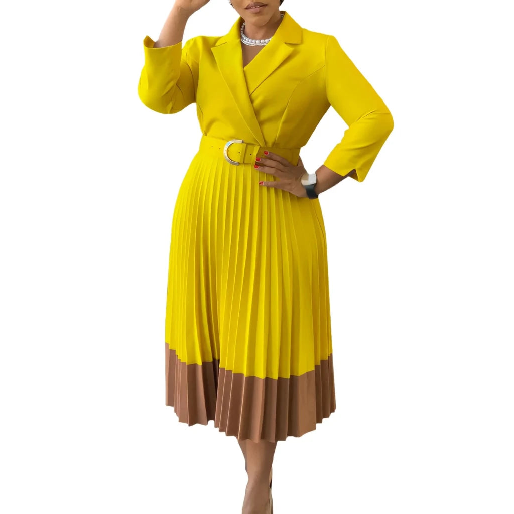 Women’s Long Sleeve Notched Neck Pleated Midi Dress with High Waist Belt - Free Delivery Worldwide only at Flexi Africa