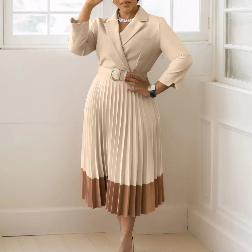 Women’s Long Sleeve Notched Neck Pleated Midi Dress with High Waist Belt - Free Delivery Worldwide only at Flexi Africa