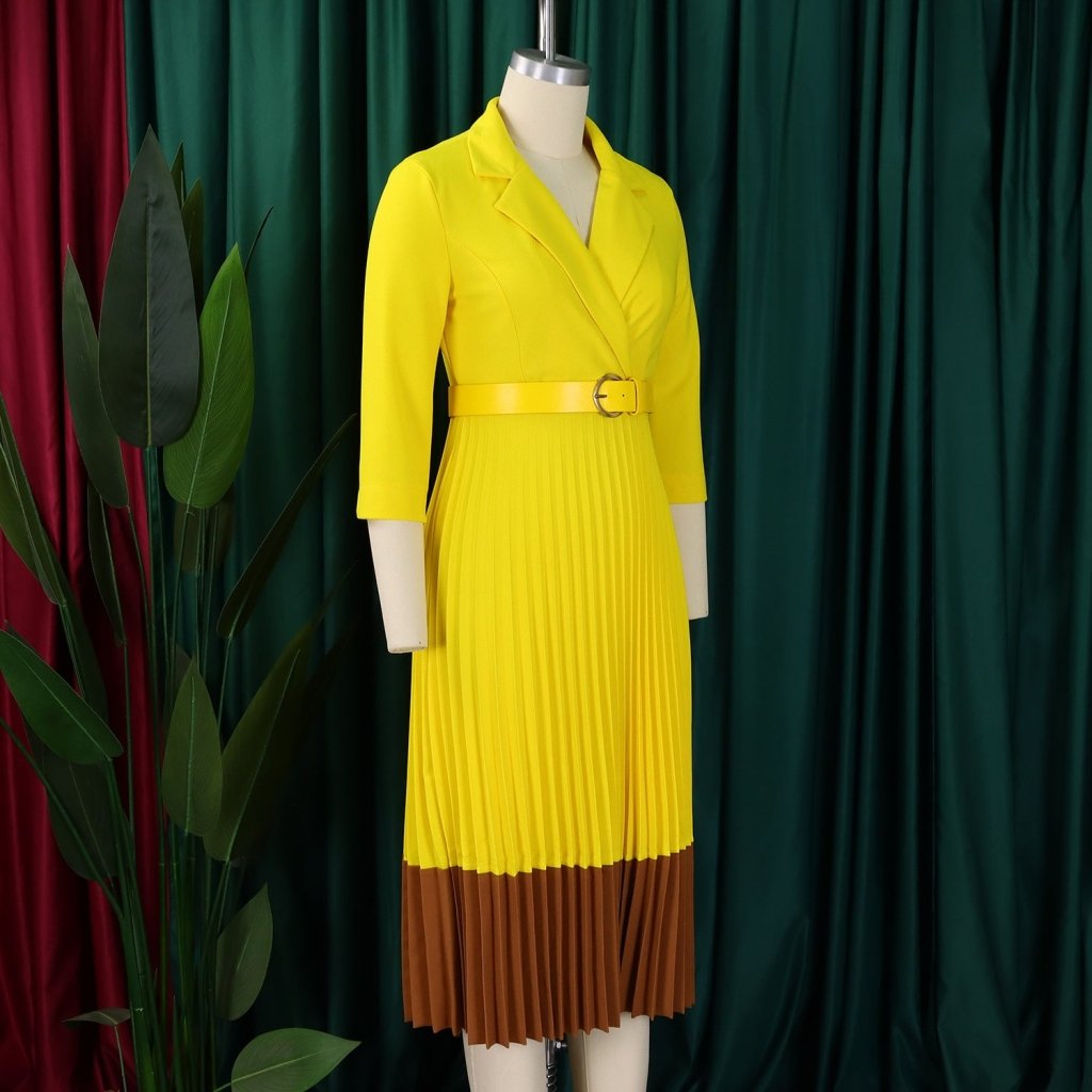 Women’s Long Sleeve Notched Neck Pleated Midi Dress with High Waist Belt - Free Delivery Worldwide only at Flexi Africa