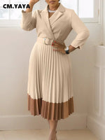 Women’s Long Sleeve Notched Neck Pleated Midi Dress with High Waist Belt - Free Delivery Worldwide only at Flexi Africa