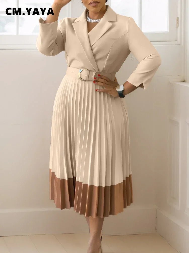 Women’s Long Sleeve Notched Neck Pleated Midi Dress with High Waist Belt - Free Delivery Worldwide only at Flexi Africa
