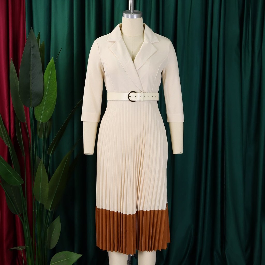Women’s Long Sleeve Notched Neck Pleated Midi Dress with High Waist Belt - Free Delivery Worldwide only at Flexi Africa