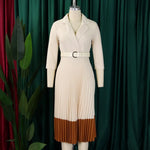 Women’s Long Sleeve Notched Neck Pleated Midi Dress with High Waist Belt - Free Delivery Worldwide only at Flexi Africa