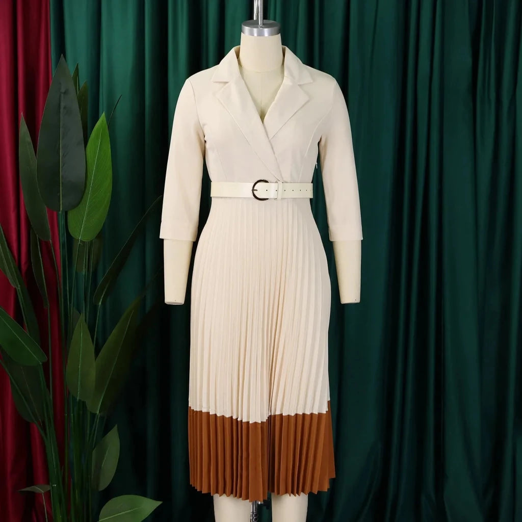 Women’s Long Sleeve Notched Neck Pleated Midi Dress with High Waist Belt - Free Delivery Worldwide only at Flexi Africa