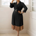 Women’s Long Sleeve Notched Neck Pleated Midi Dress with High Waist Belt - Free Delivery Worldwide only at Flexi Africa