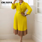 Women’s Long Sleeve Notched Neck Pleated Midi Dress with High Waist Belt - Free Delivery Worldwide only at Flexi Africa