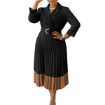 Women’s Long Sleeve Notched Neck Pleated Midi Dress with High Waist Belt - Free Delivery Worldwide only at Flexi Africa