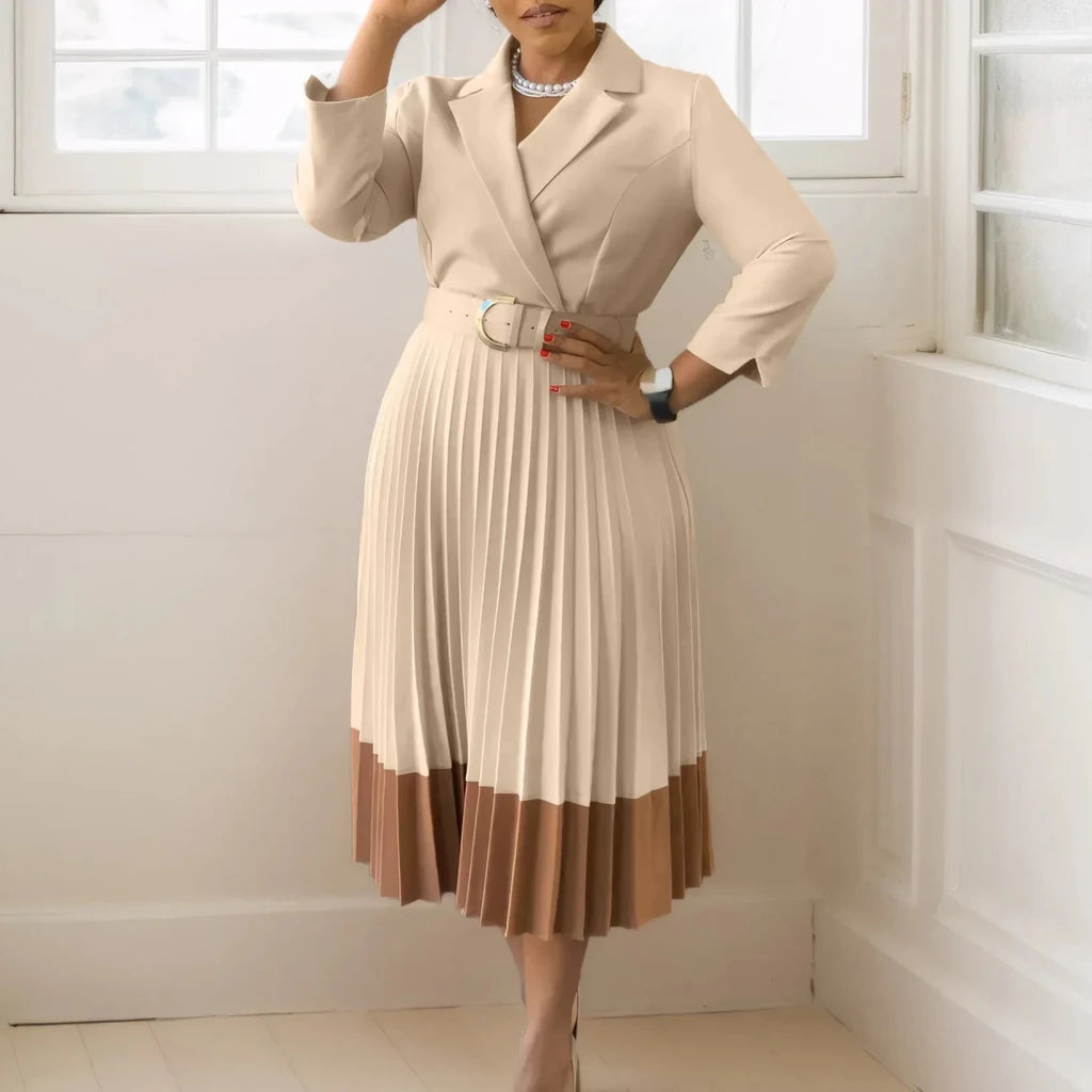 Women’s Long Sleeve Notched Neck Pleated Midi Dress with High Waist Belt - Free Delivery Worldwide only at Flexi Africa