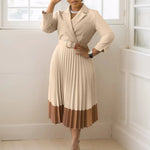 Women’s Long Sleeve Notched Neck Pleated Midi Dress with High Waist Belt - Free Delivery Worldwide only at Flexi Africa