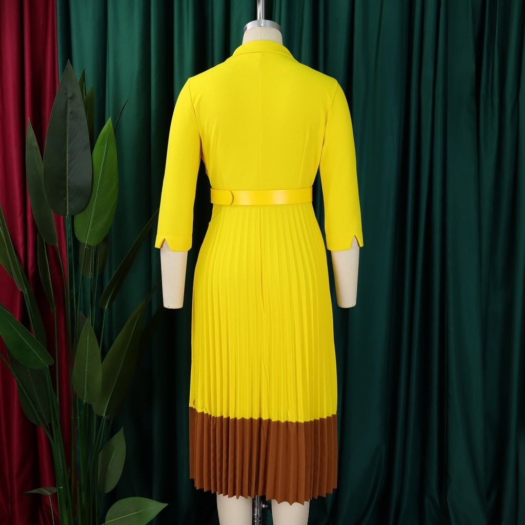 Women’s Long Sleeve Notched Neck Pleated Midi Dress with High Waist Belt - Free Delivery Worldwide only at Flexi Africa