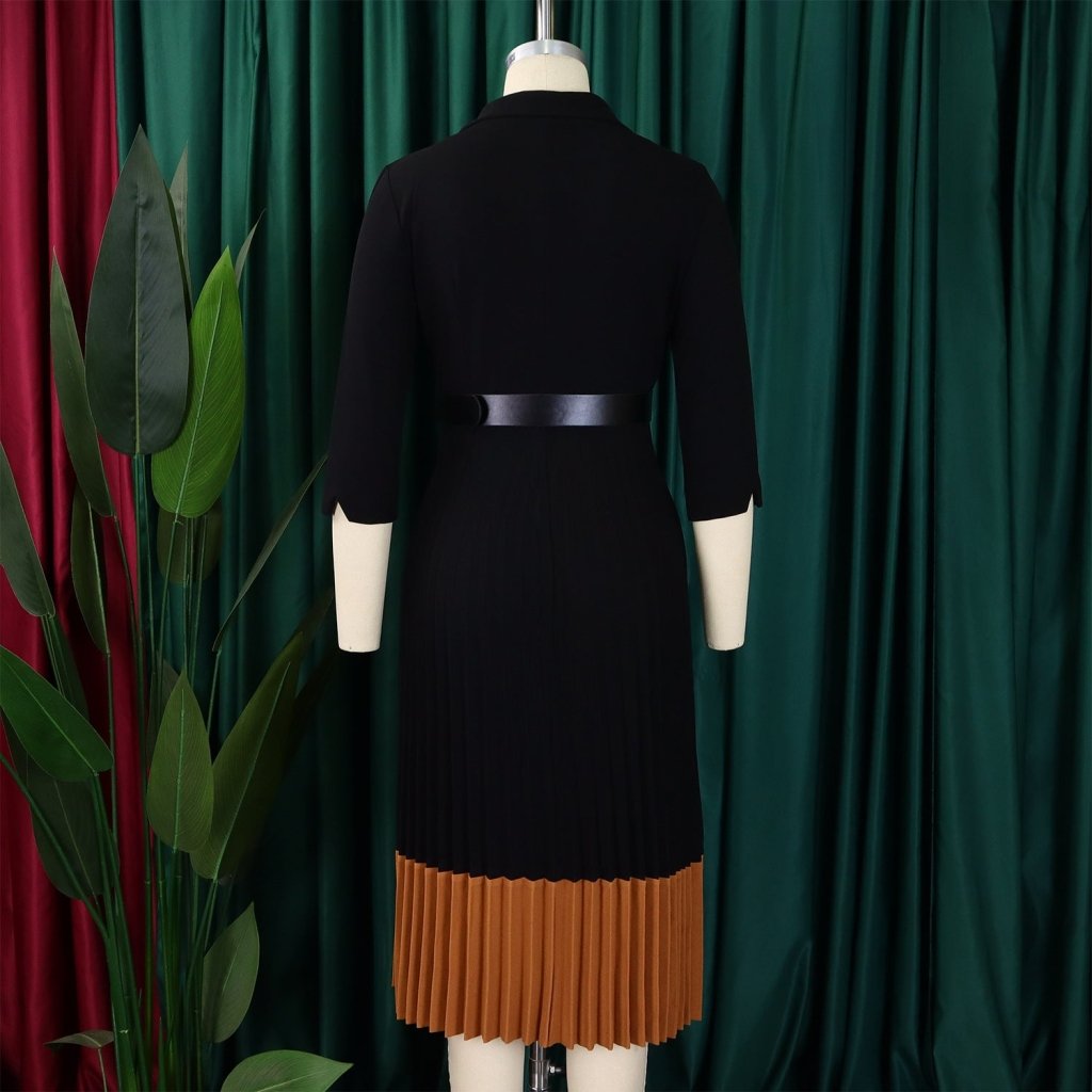 Women’s Long Sleeve Notched Neck Pleated Midi Dress with High Waist Belt - Free Delivery Worldwide only at Flexi Africa