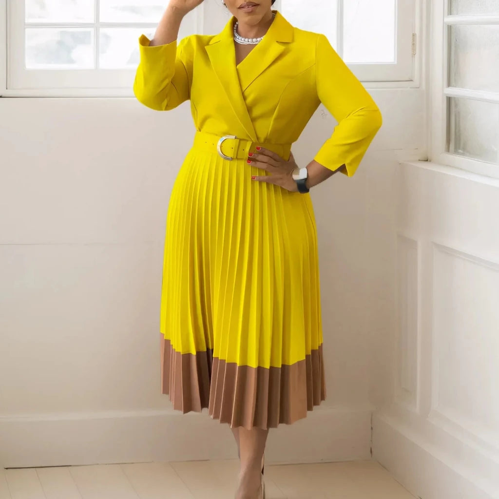 Women’s Long Sleeve Notched Neck Pleated Midi Dress with High Waist Belt - Free Delivery Worldwide only at Flexi Africa