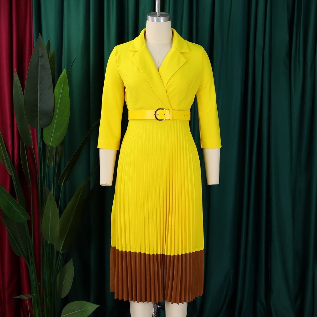 Women’s Long Sleeve Notched Neck Pleated Midi Dress with High Waist Belt - Free Delivery Worldwide only at Flexi Africa