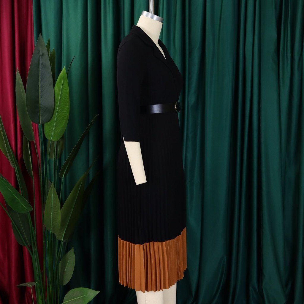 Women’s Long Sleeve Notched Neck Pleated Midi Dress with High Waist Belt - Free Delivery Worldwide only at Flexi Africa