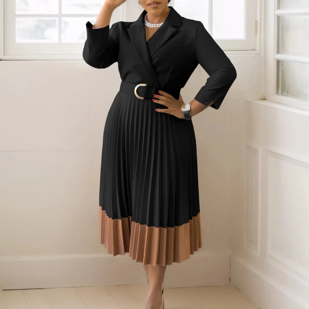 Women’s Long Sleeve Notched Neck Pleated Midi Dress with High Waist Belt - Free Delivery Worldwide only at Flexi Africa