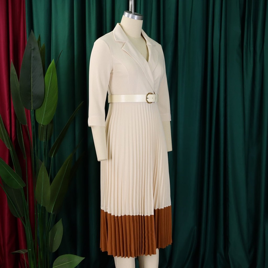 Women’s Long Sleeve Notched Neck Pleated Midi Dress with High Waist Belt - Free Delivery Worldwide only at Flexi Africa