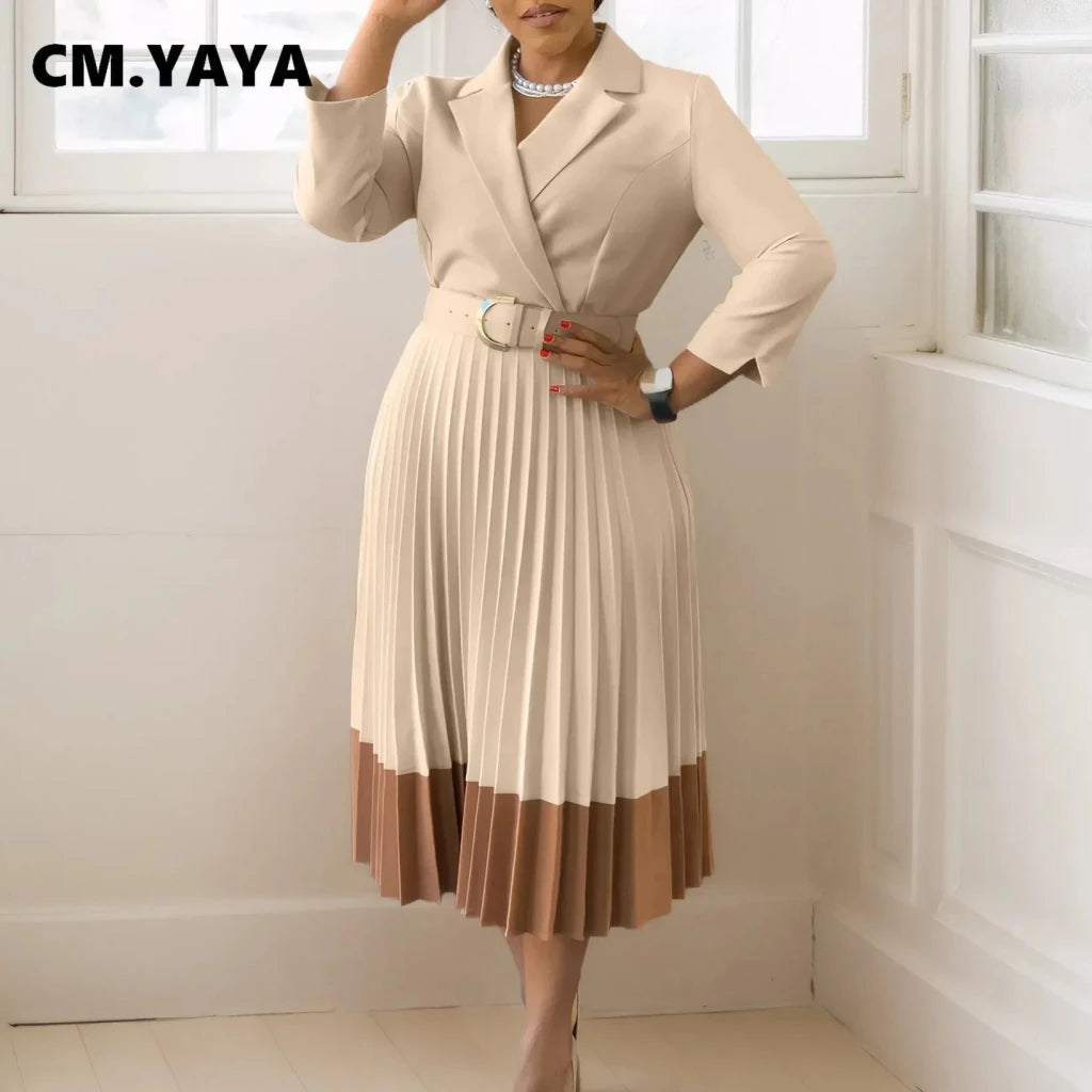 Women’s Long Sleeve Notched Neck Pleated Midi Dress with High Waist Belt - Free Delivery Worldwide only at Flexi Africa