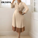 Women’s Long Sleeve Notched Neck Pleated Midi Dress with High Waist Belt - Free Delivery Worldwide only at Flexi Africa