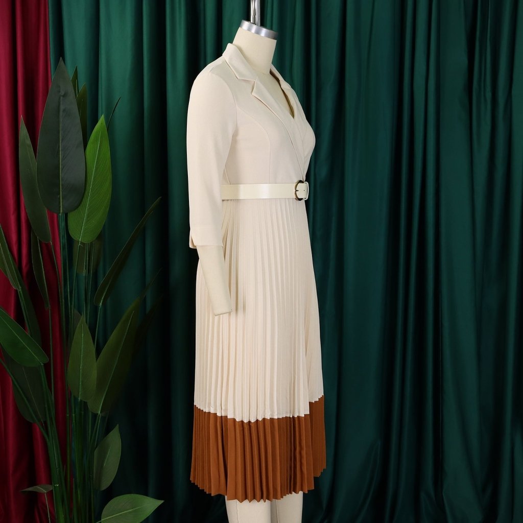 Women’s Long Sleeve Notched Neck Pleated Midi Dress with High Waist Belt - Free Delivery Worldwide only at Flexi Africa