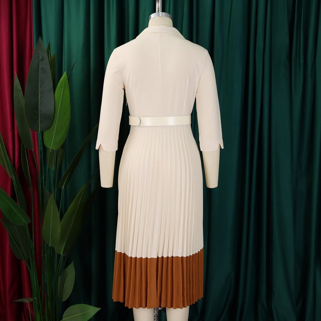 Women’s Long Sleeve Notched Neck Pleated Midi Dress with High Waist Belt - Free Delivery Worldwide only at Flexi Africa