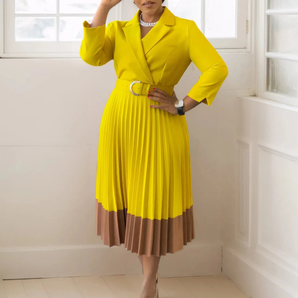 Women’s Long Sleeve Notched Neck Pleated Midi Dress with High Waist Belt - Free Delivery Worldwide only at Flexi Africa