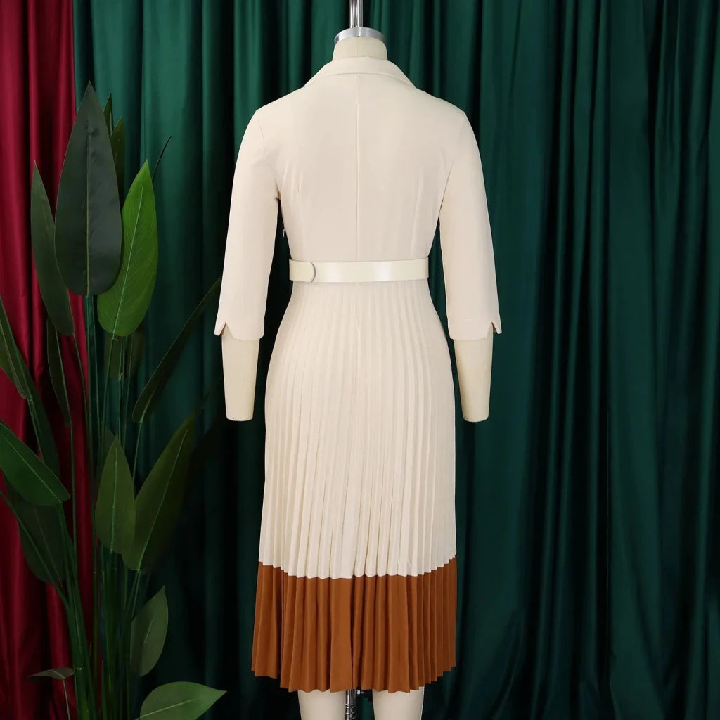 Women’s Long Sleeve Notched Neck Pleated Midi Dress with High Waist Belt - Free Delivery Worldwide only at Flexi Africa
