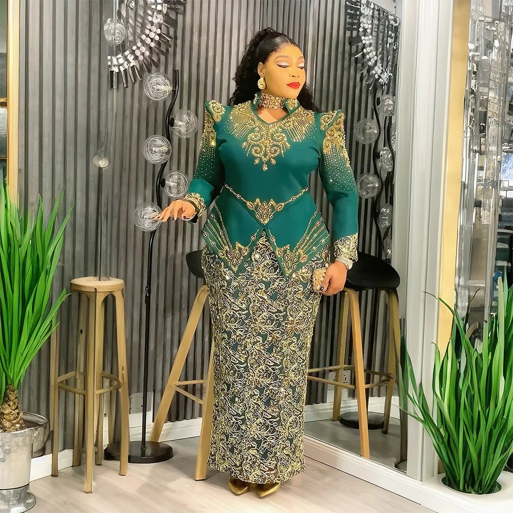 Women’s Luxury Green Sequin African Maxi Dress – Elegant Wedding & Party Gown - Free Delivery Worldwide only at Flexi Africa