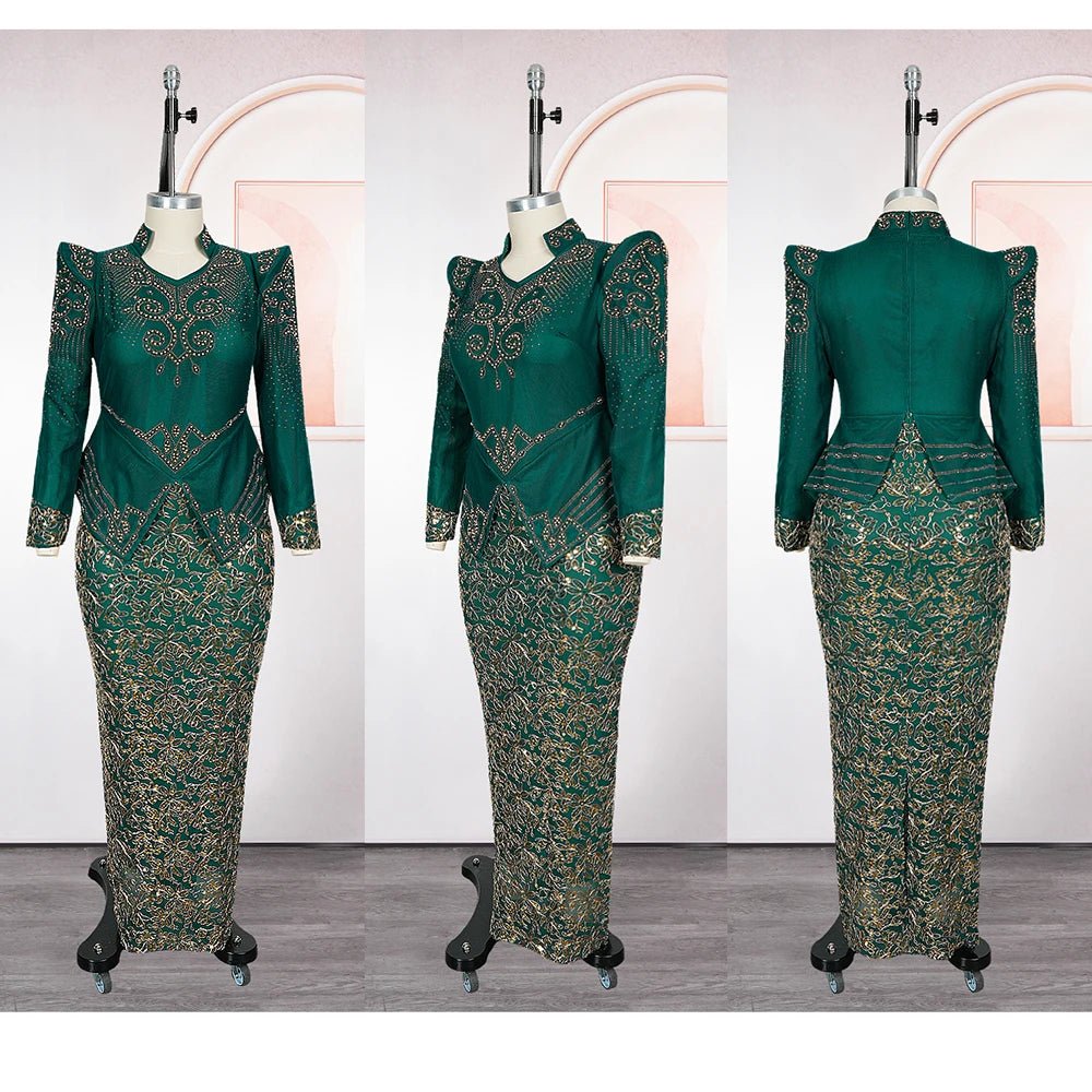Women’s Luxury Green Sequin African Maxi Dress – Elegant Wedding & Party Gown - Free Delivery Worldwide only at Flexi Africa