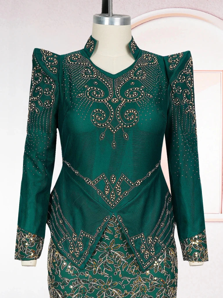 Women’s Luxury Green Sequin African Maxi Dress – Elegant Wedding & Party Gown - Free Delivery Worldwide only at Flexi Africa