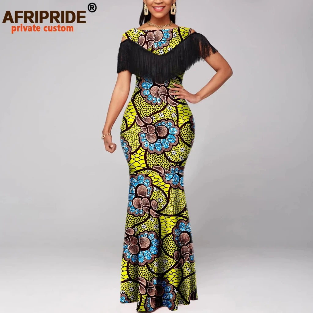 Women's Off-Shoulder Ankara Tassel Maxi Dress - Free Delivery Worldwide only at Flexi Africa