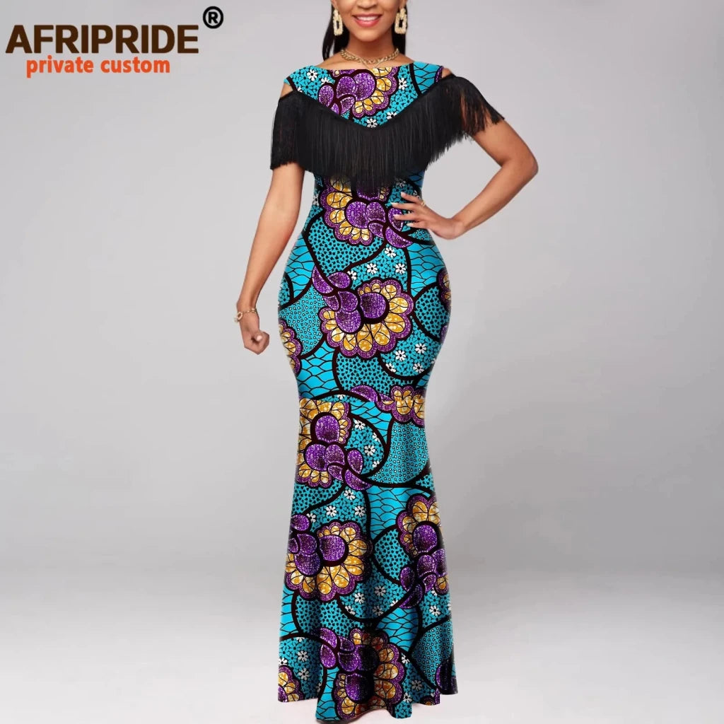 Women's Off-Shoulder Ankara Tassel Maxi Dress - Free Delivery Worldwide only at Flexi Africa