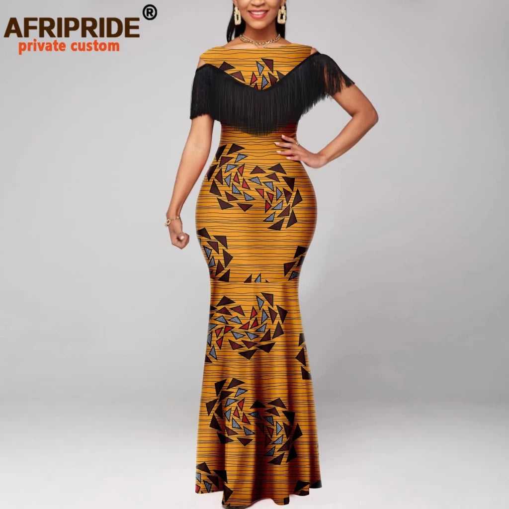 Women's Off-Shoulder Ankara Tassel Maxi Dress - Free Delivery Worldwide only at Flexi Africa