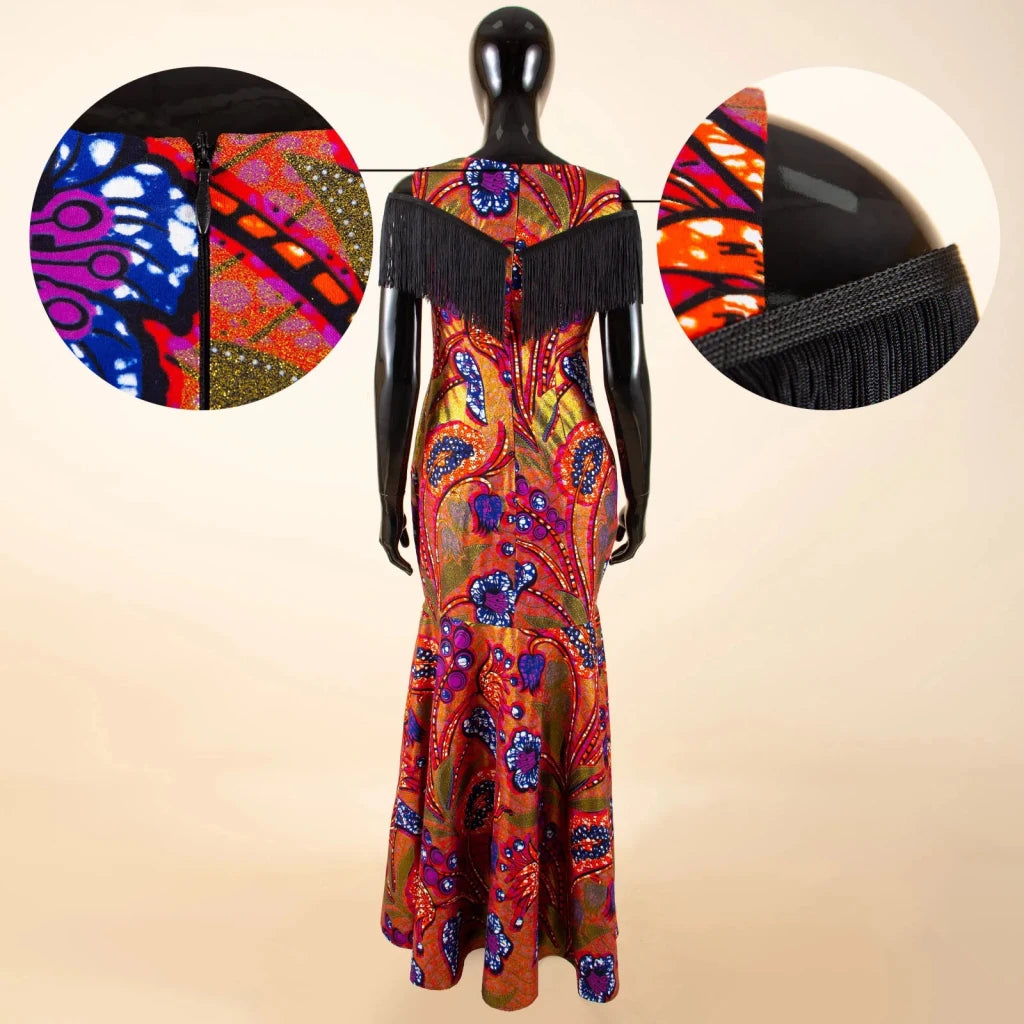 Women's Off-Shoulder Ankara Tassel Maxi Dress - Free Delivery Worldwide only at Flexi Africa