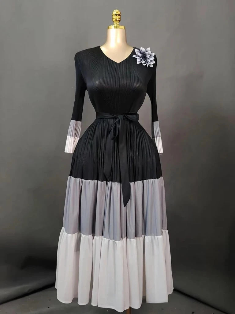 Women’s Patchwork Horn Sleeve Dress – Loose Fit V - Neck African Maxi Dress - Free Delivery Worldwide only at Flexi Africa